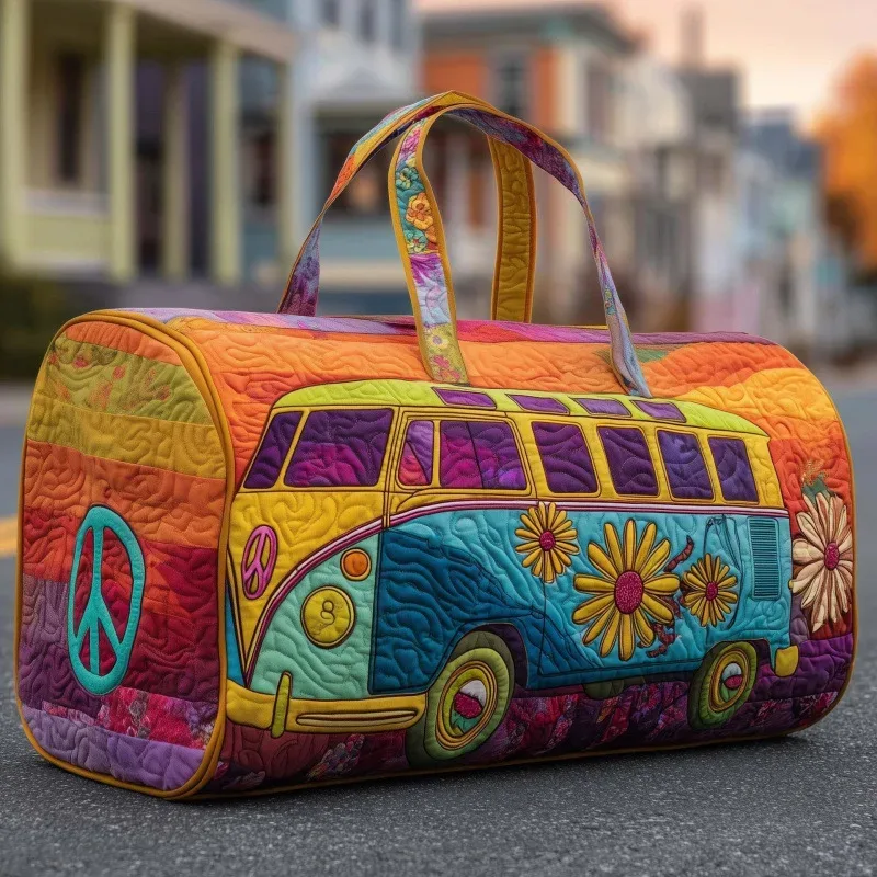 sac voyage polyester fleurs paix jaune blanc vert voyage week end sport camping randonnée polyvalent