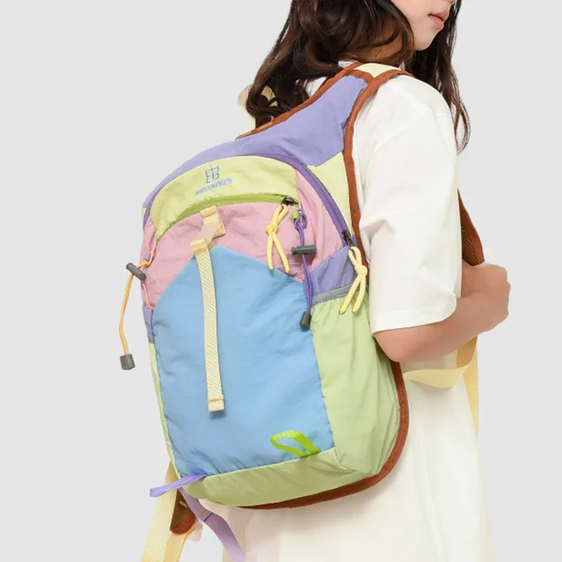 sac à dos color block pour homme et femme, sac de randonnée et de voyage en plein air, sac de sport léger en nylon avec sangle de poitrine et poche pour bouteille d'eau