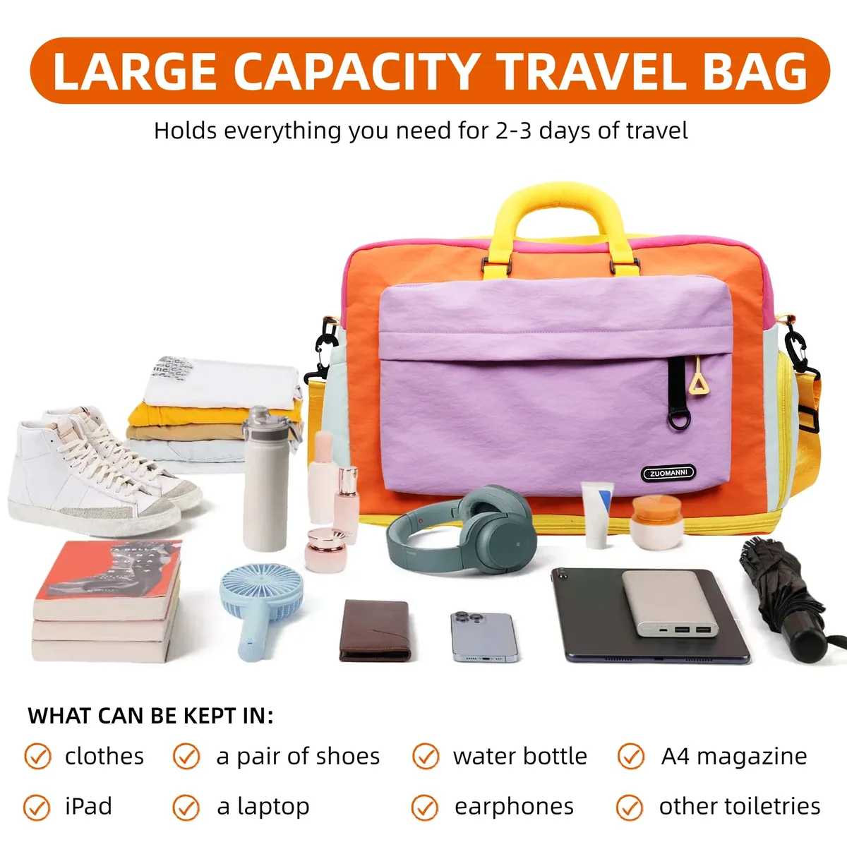 sac de voyage tendance couleur dopamine, sac de sport avec compartiment à chaussures, idéal pour le yoga, les courts séjours, la salle de sport, les escapades de week-end