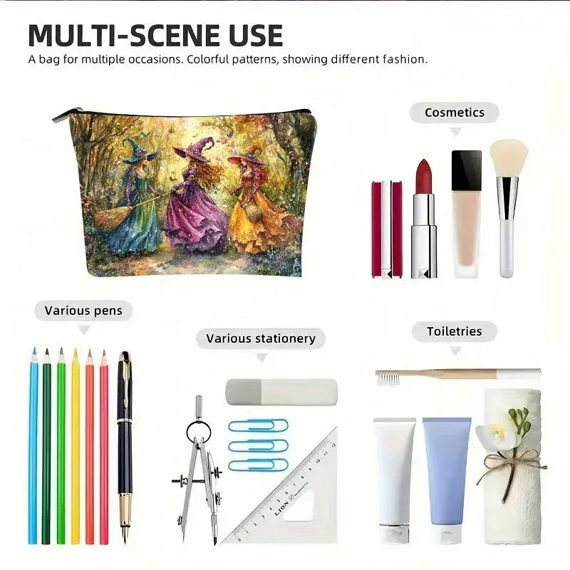 trousse de maquillage rétro en résine de sorcière, avec motif de forêt d'automne vibrante, fermeture à glissière sécurisée, sac de voyage multifonctionnel