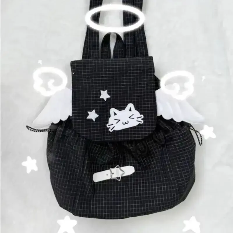 sac à dos chat brodé noir blanc style à carreaux léger mignon petites épaules polyvalent étudiant trajet campus sac à dos