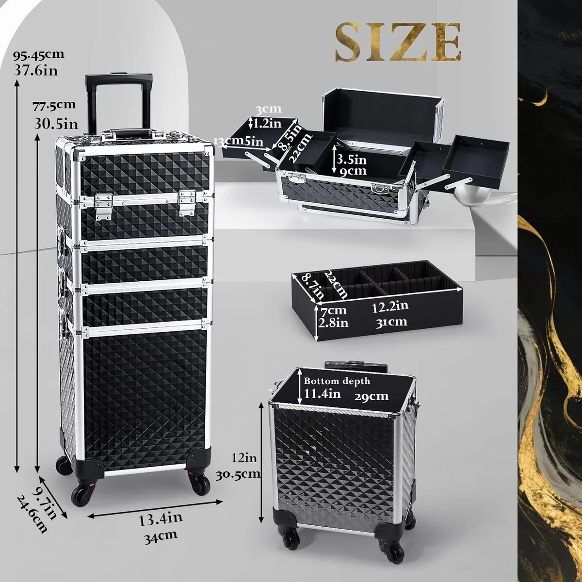 valise de maquillage professionnelle sur roulettes 4 en 1, cadre en aluminium, valise rigide pour cosmétologie sur roulettes, valise de voyage à roulettes avec clés, grande capacité, valise à roulettes avec 4 plateaux, valise de voyage pour tatouage, organisateur de cosmétiques et de vernis à ongles, boîte de rangement noire.