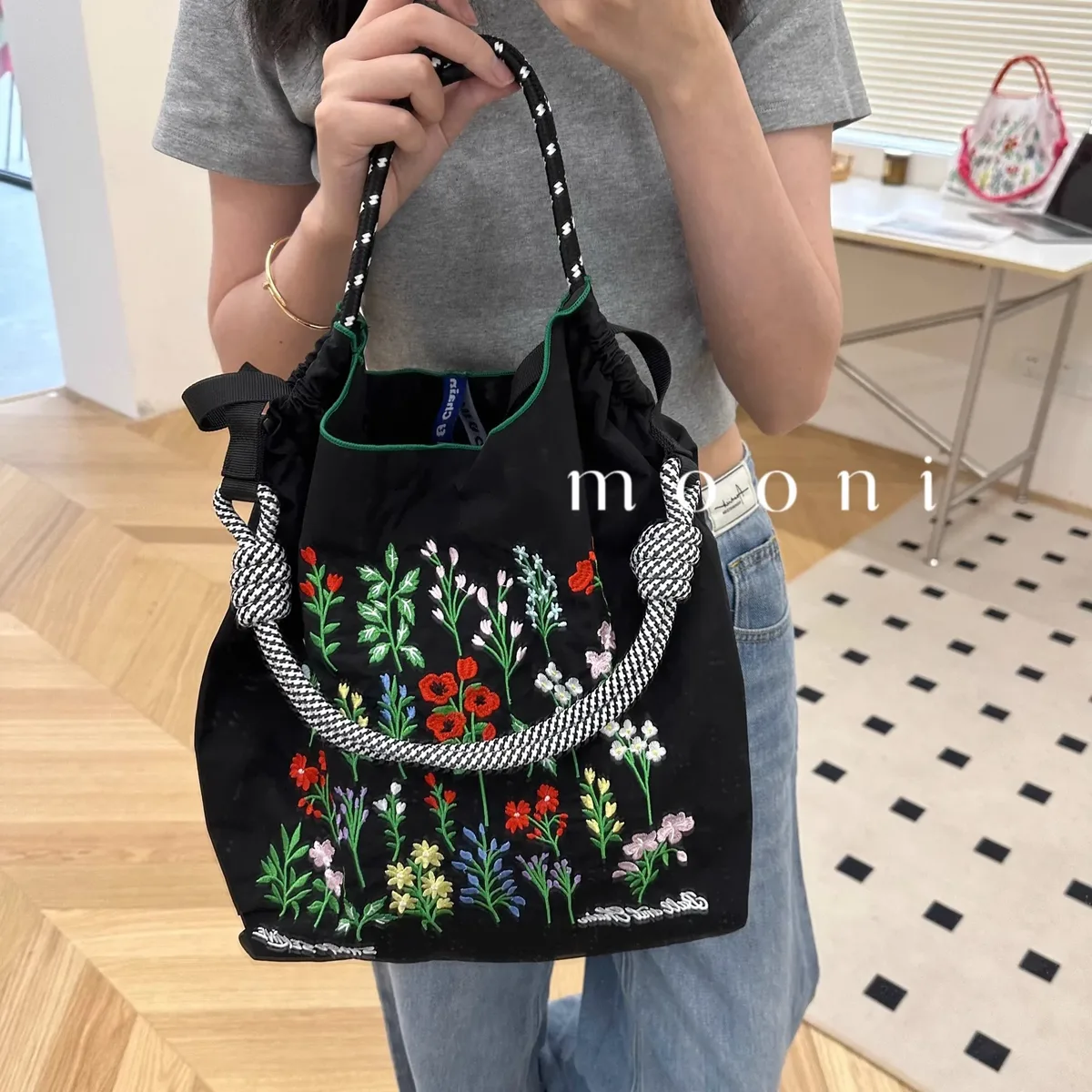 sac de shopping brodé pour femmes, avec chaîne à billes, grande capacité, en nylon écologique, sac à main, sac à bandoulière, sac porté en travers du corps.