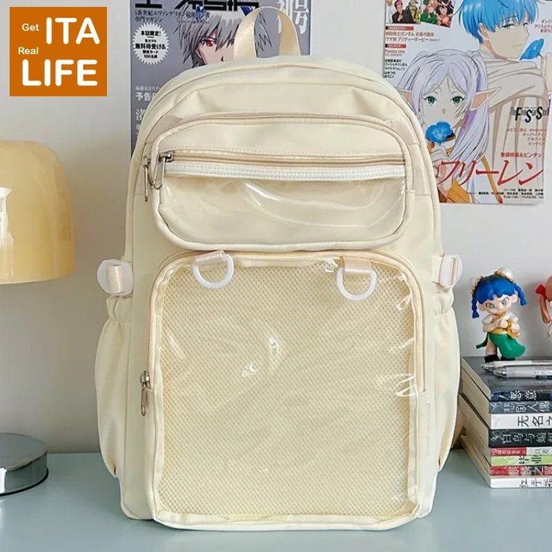 sac à dos ita rose italife big anime avec plaque d'insertion, grand sac itabag jaune kawaii pour femmes, double poche transparente pour affichage de pins h260