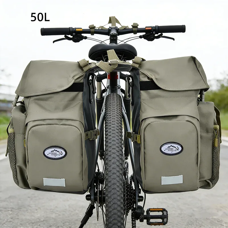 Sac Vélo Nylon Beige Compartiments Latéraux Poche Zip Fermure KAM Hook Grande Capacité Transport Voyage Cyclisme