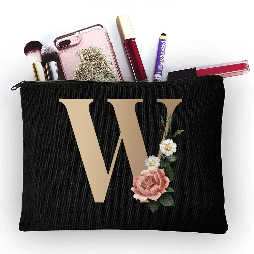 trousse de maquillage pour filles, sac de rangement classique à motif de lettres dorées, pochettes pour sacs de voyage, pochette à cosmétiques pour femmes