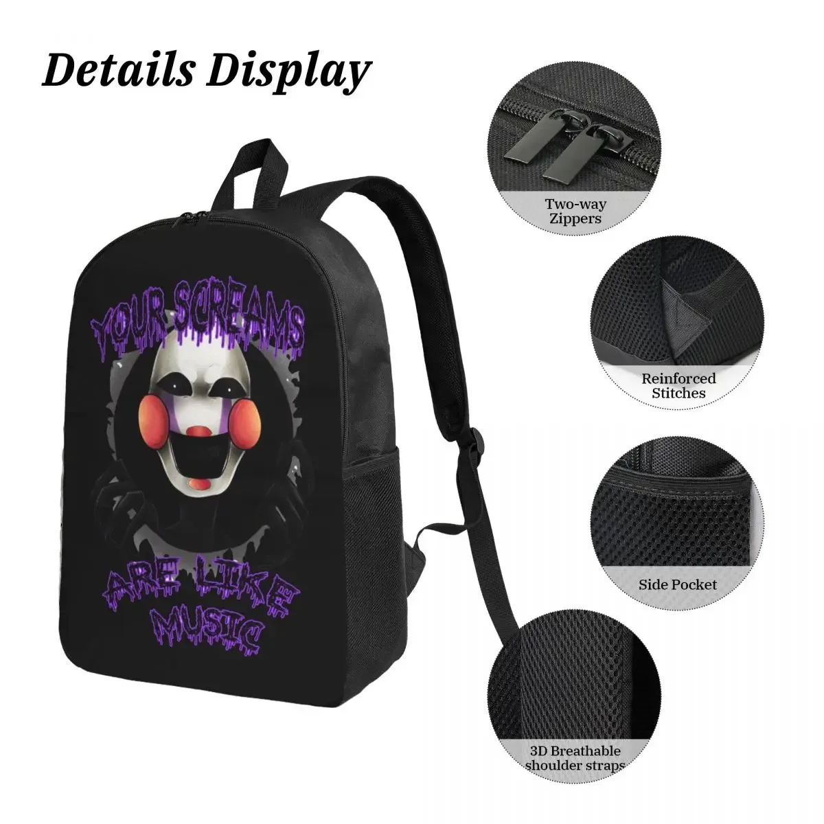 sac dos polyester noir motif clown stylistique bourse déjeuner trousse stylos accessoires voyage étudiant retour école portable