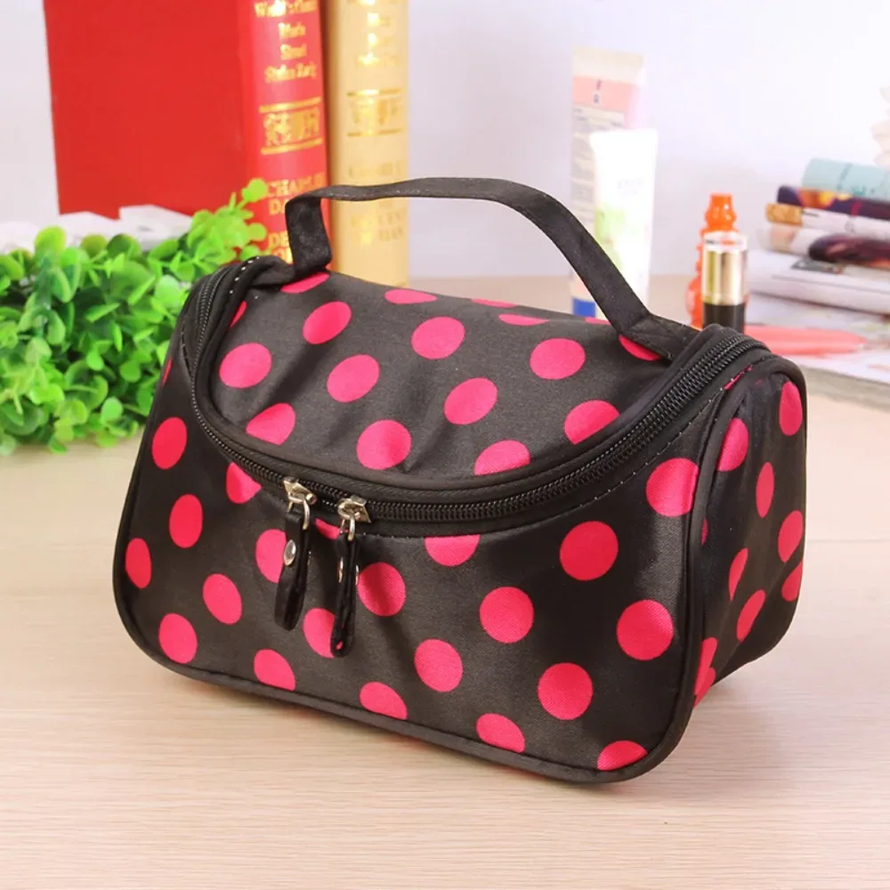 sac de maquillage portable à pois, style coréen, trousse de toilette de voyage grande capacité, sac de rangement cosmétique à rabat