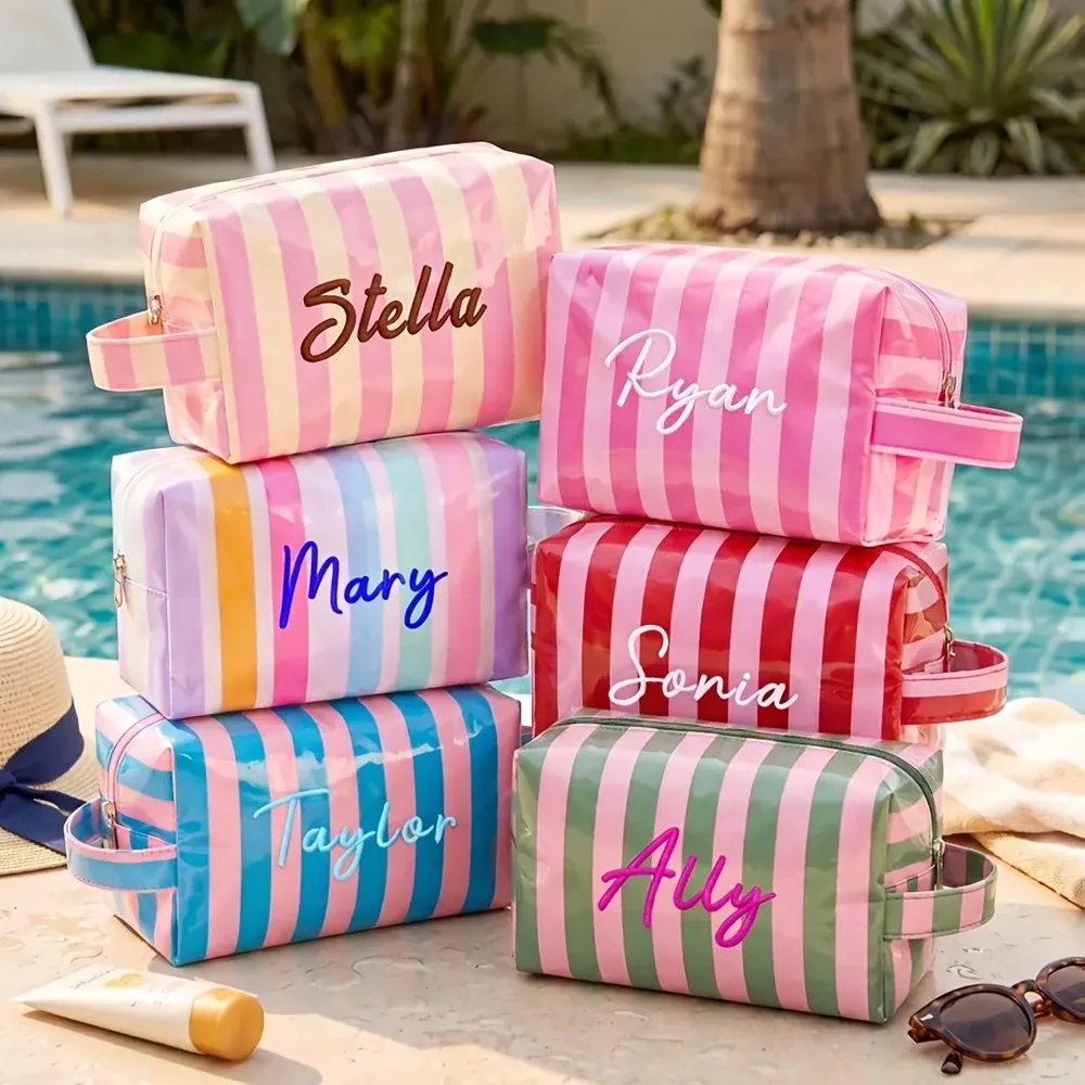 trousse de toilette rayée avec nom brodé, portable, imperméable, multifonctionnelle, cadeau pratique pour demoiselle d'honneur de mariage