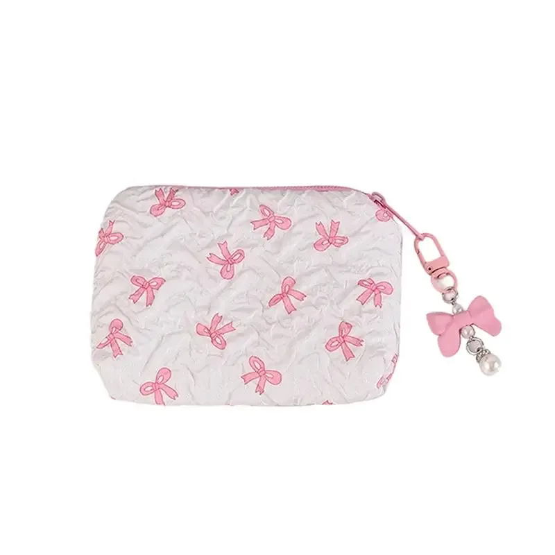 trousse de maquillage en tissu avec nœud mignon, pochette cosmétique pour femme, organiseur de voyage portable pour rouge à lèvres et écouteurs, petite pochette de rangement