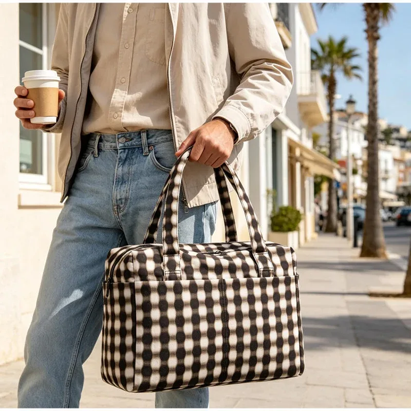 sac fourre-tout en nylon grande capacité, imprimé léopard à carreaux, design multi-poches, sac à bandoulière, sac de voyage pliable, sac à main