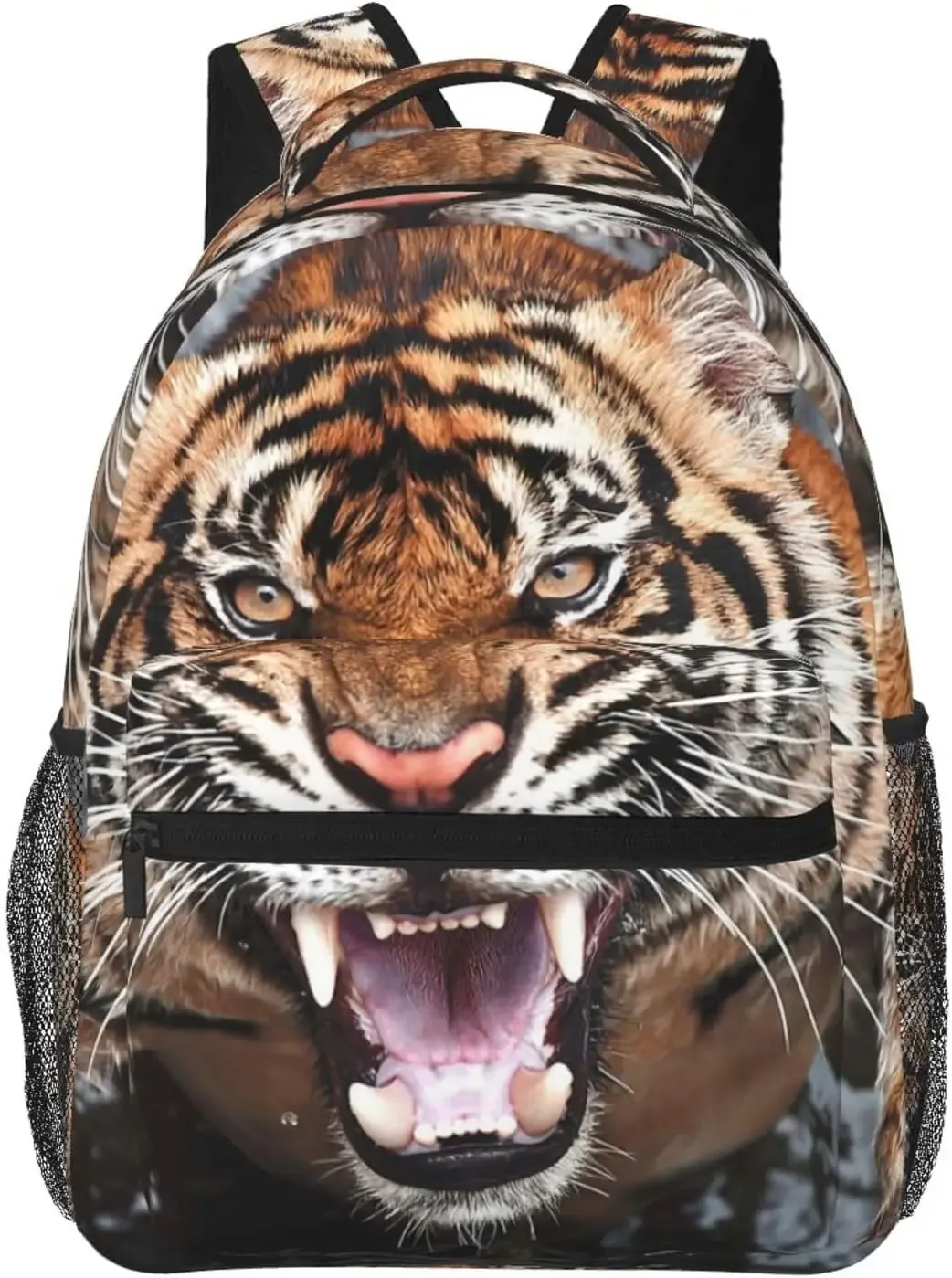 sac dos polyester imprimé tigre rayures noires orange fond beige poches latérales zip grande ouverture bandouliere chaîne usage voyage école randonnée camping