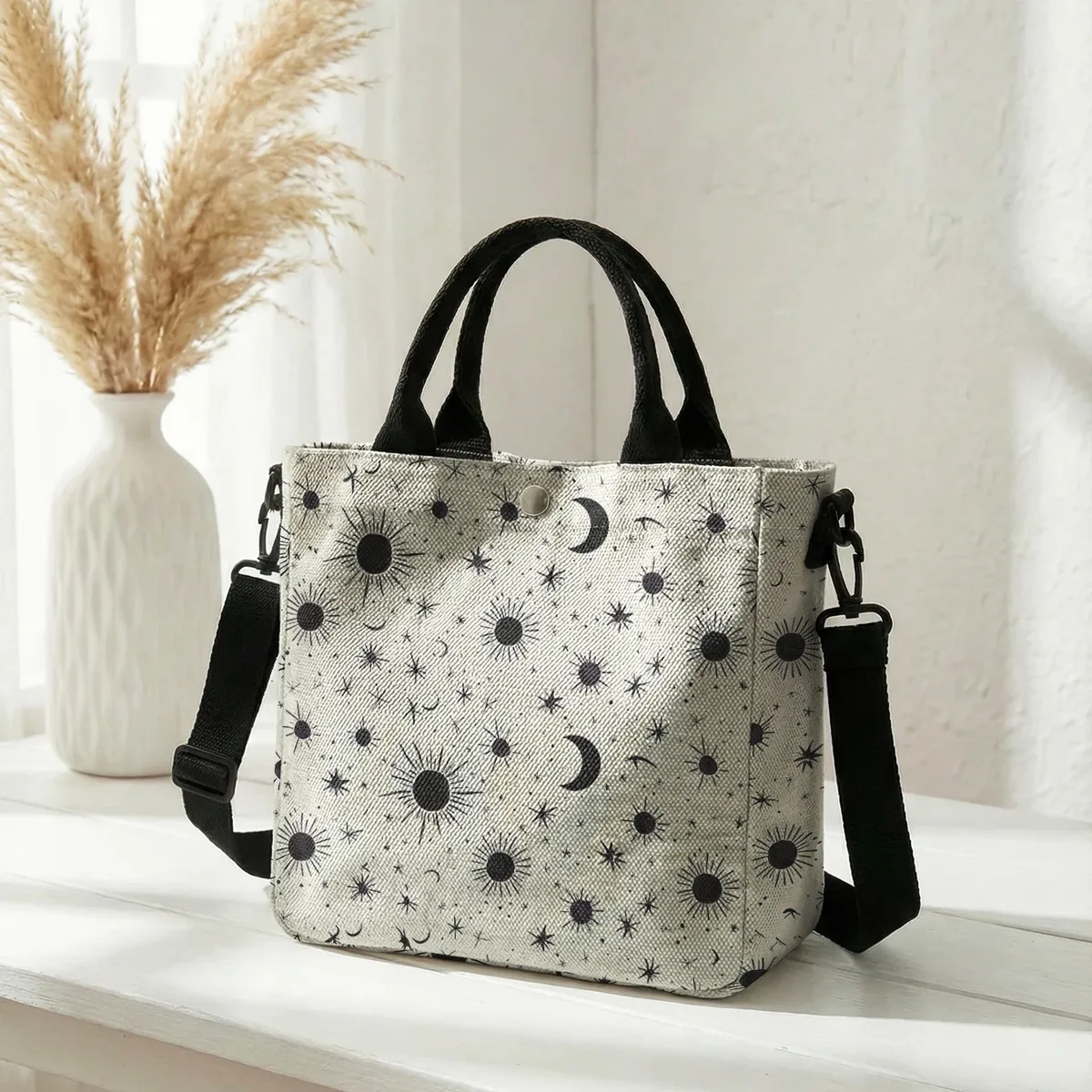 sac fourre-tout violet imprimé soleil, lune et étoiles, avec bandoulière amovible, sac à main pour femme, pour les courses quotidiennes