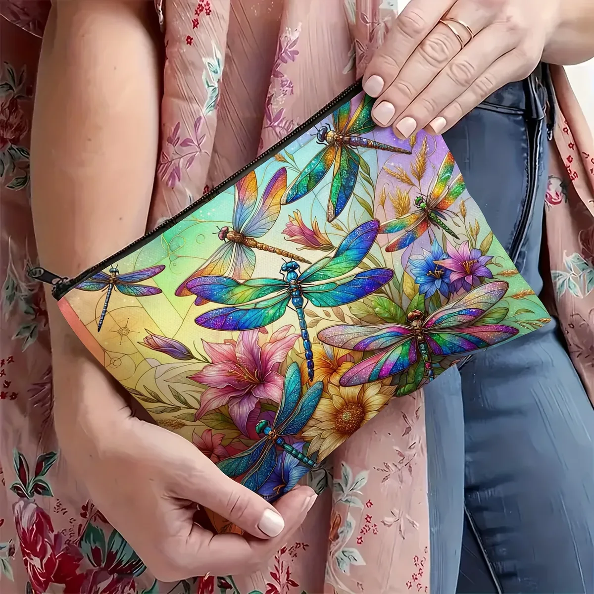 trousse de maquillage libellule colorée | pochette cosmétique hypoallergénique avec motif floral et insectes, organisateur adapté aux voyages