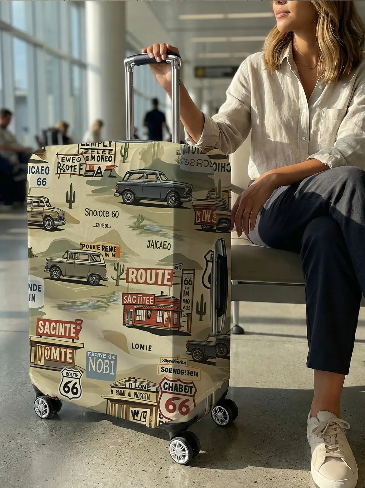 housse de bagage avec imprimé voiture vintage route 66, adaptée aux housses de bagage de 18 à 32 pouces, gant de protection pour poignée de bagage, accessoires de voyage