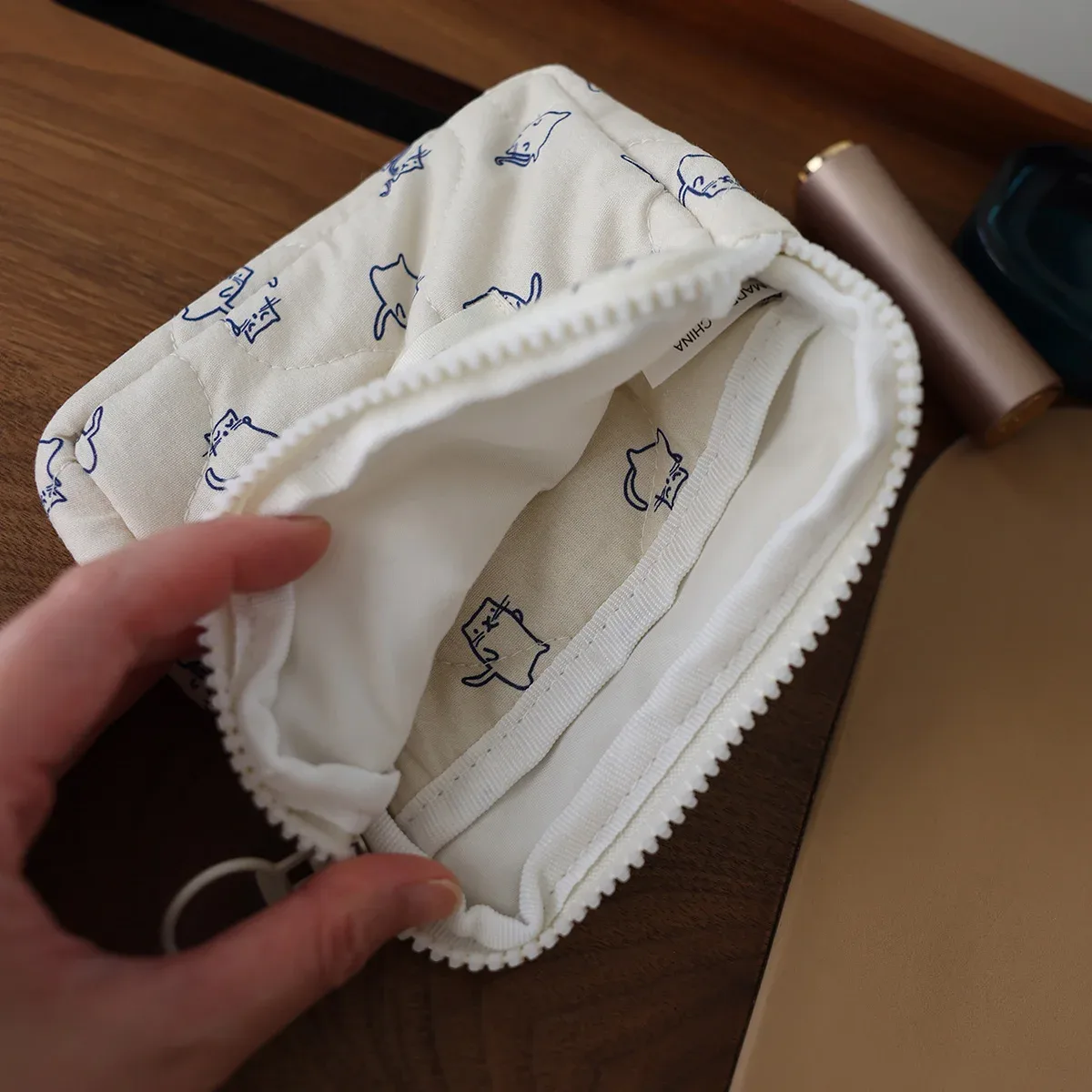 sac à cosmétiques de dessin animé pour femme, ligne chaton physiologique, carré plat, petite fille mignonne, sac de rangement portable, trousse de maquillage