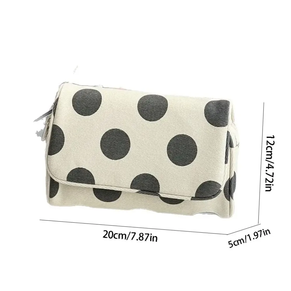 sac à cosmétiques portable en toile à pois, sac de rangement pour bijoux à rayures de grande capacité avec miroir de maquillage multifonctionnel