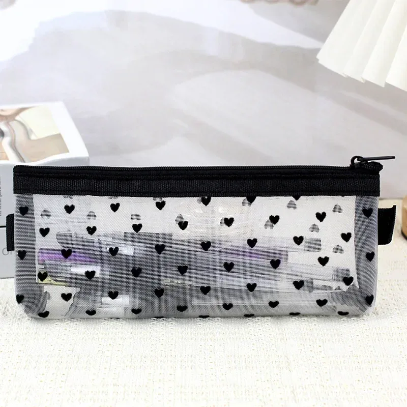 trousse de maquillage en maille transparente, trousse de maquillage cosmétique, porte-pinceau de maquillage, jolie fermeture éclair transparente, étui à crayons imprimé cœur noir, trousse à poudres