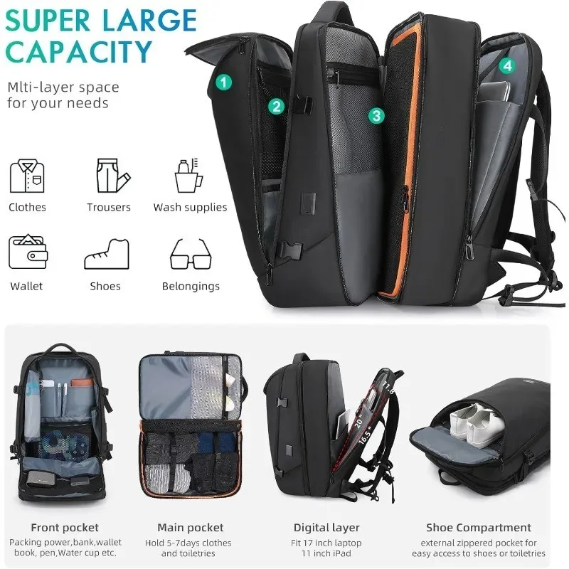 sac à dos de voyage extensible de 40l à 50l avec 3 cubes d'emballage, pour ordinateur portable de 17.3 pouces, grande capacité, pour hommes et femmes