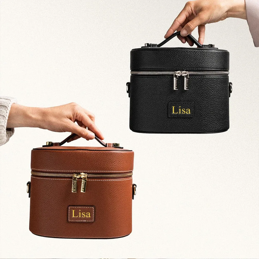 sac cosmétique en cuir pu personnalisé avec nom : simple, portable, bandoulière, à porter à la main, grande capacité pour les voyages