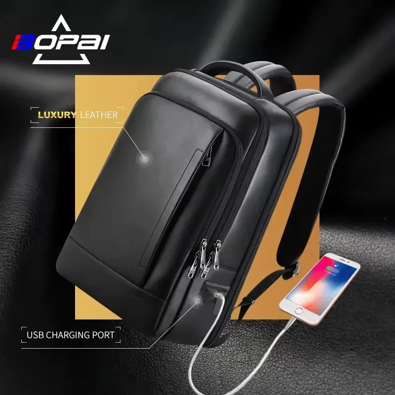 bopai-sac à dos en cuir de vachette véritable extensible pour hommes, sac à dos pour ordinateur portable, affaires, bureau, voyage, luxe, haute qualité, 15.6