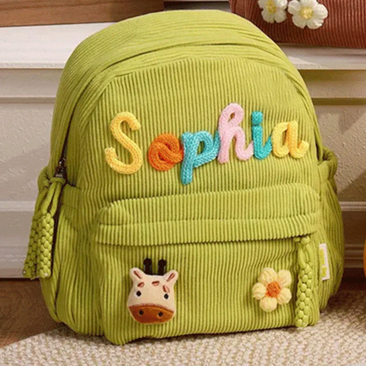 sacs à dos personnalisés en velours côtelé – sacs à dos brodés sur mesure, décorations florales/animalières, styles parent-enfant, sac pour sœur/frère