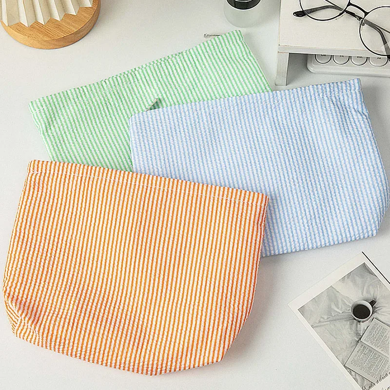 trousse de maquillage en gaze bulle pour femme, sac à main grande capacité, trousse de toilette brodé à rayures, pochette de voyage organisateur