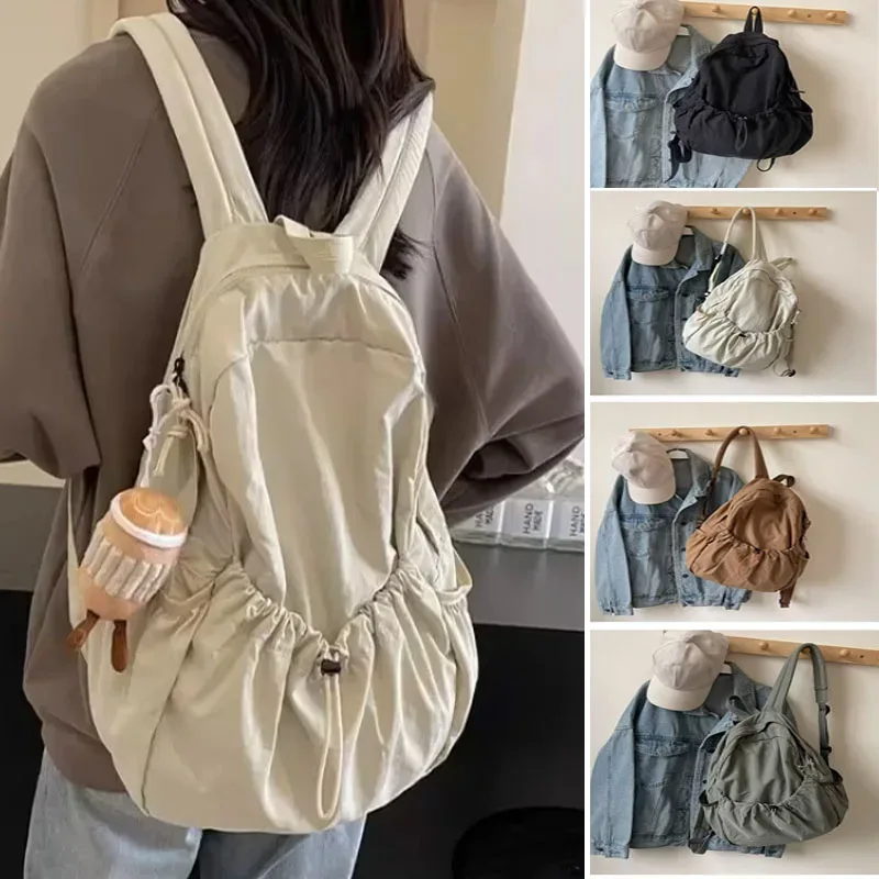 Sac Dos Nylon Beige Pliant Grande Capacité Voyage Étudiant Lycée Scolaire Pli Cartable Sac Dos