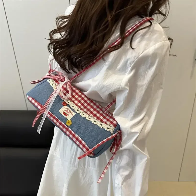 sacs à bandoulière en dentelle à carreaux pour femmes, sac sous les bras en patchwork de style collégial pour filles, design plissé simple, sacs à main féminins