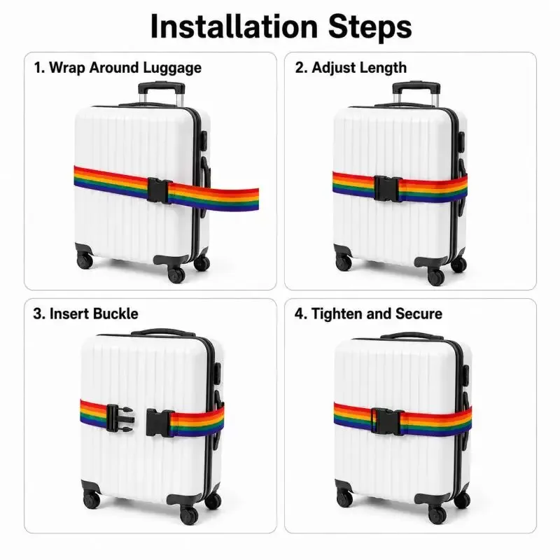 sangle bagage polyester boucle noire pratique arc ciel longue large usage voyage sécurisation valise transport identification bande transverse fixation