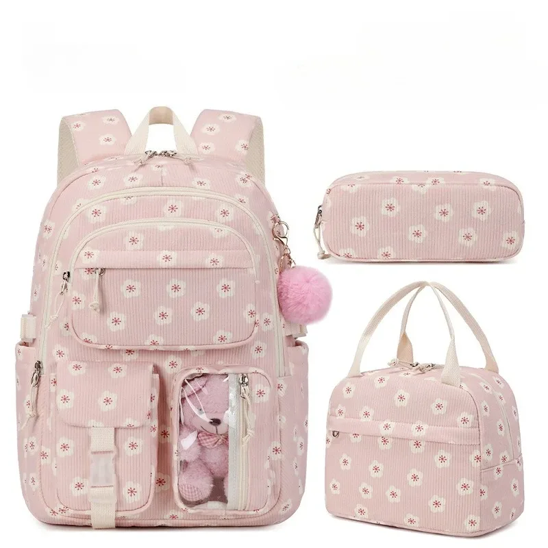 sac à dos scolaire en velours côtelé 3 pièces/ensemble avec sac à déjeuner et trousse à crayons, sac à dos mignon pour filles, sac à dos à motif fraise pour adolescentes et femmes