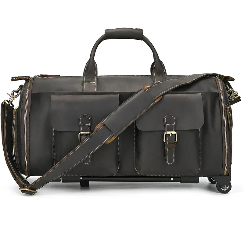 sac de voyage à roulettes en cuir véritable pour homme, sac de sport roulant en cuir de vachette crazy horse de 22 pouces avec compartiment à chaussures, grand sac de rangement