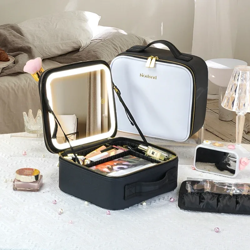 trousse de maquillage avec miroir led, grande mallette de voyage, organisateur de cosmétiques, sacs de maquillage avec 3 lumières colorées et séparateurs réglables