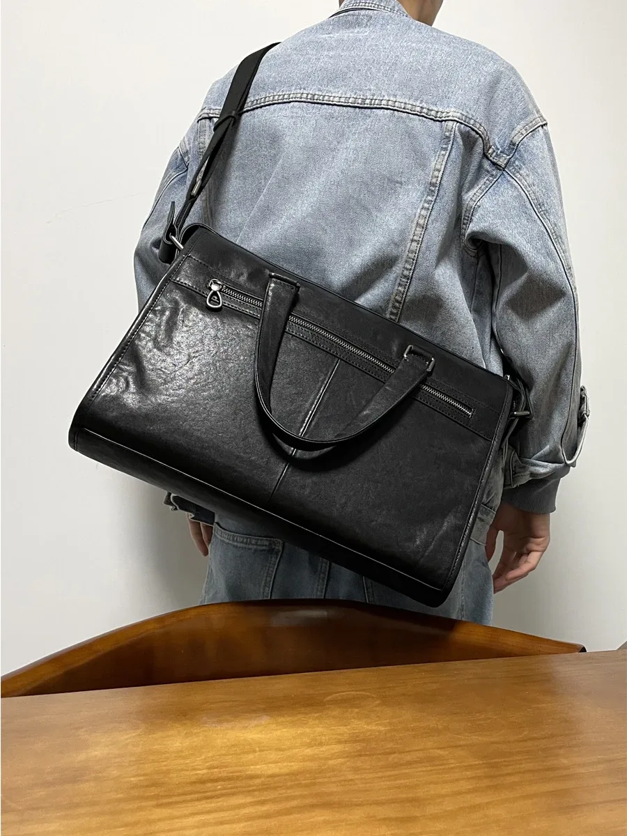 Porte-documents noir en cuir de vache tanné végétal pour hommes, sac à main de luxe décontracté, pour voyage en plein air, travail, fait à la main, en cuir véritable, sacoche