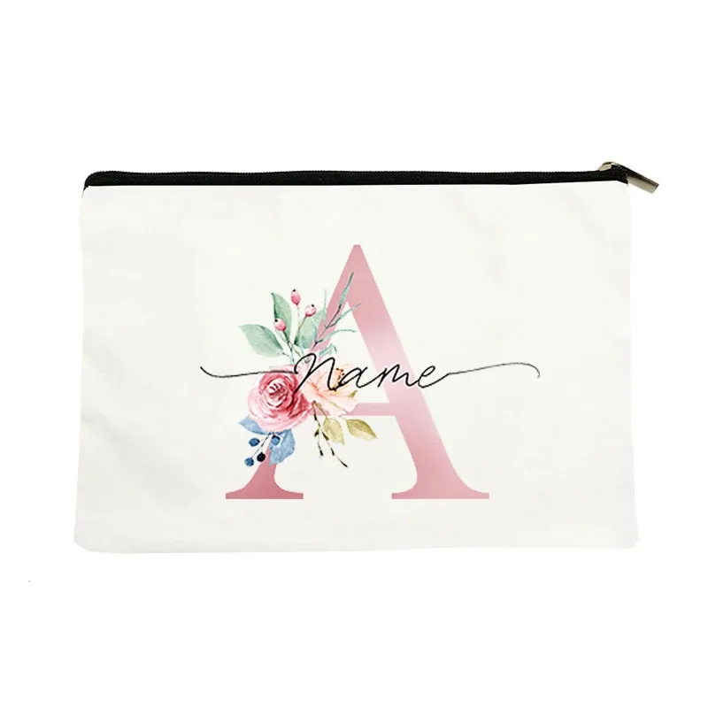 trousse de maquillage personnalisée rose à motifs floraux avec initiale, pochette cosmétique en toile personnalisée, organisateur de voyage pour articles de toilette pour femmes