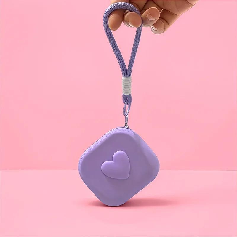 1 pièce pochette de rangement en silicone en forme de cœur, porte-monnaie, portefeuille, avec cordon tressé, organisateur portable pour câbles de données, écouteurs et clés