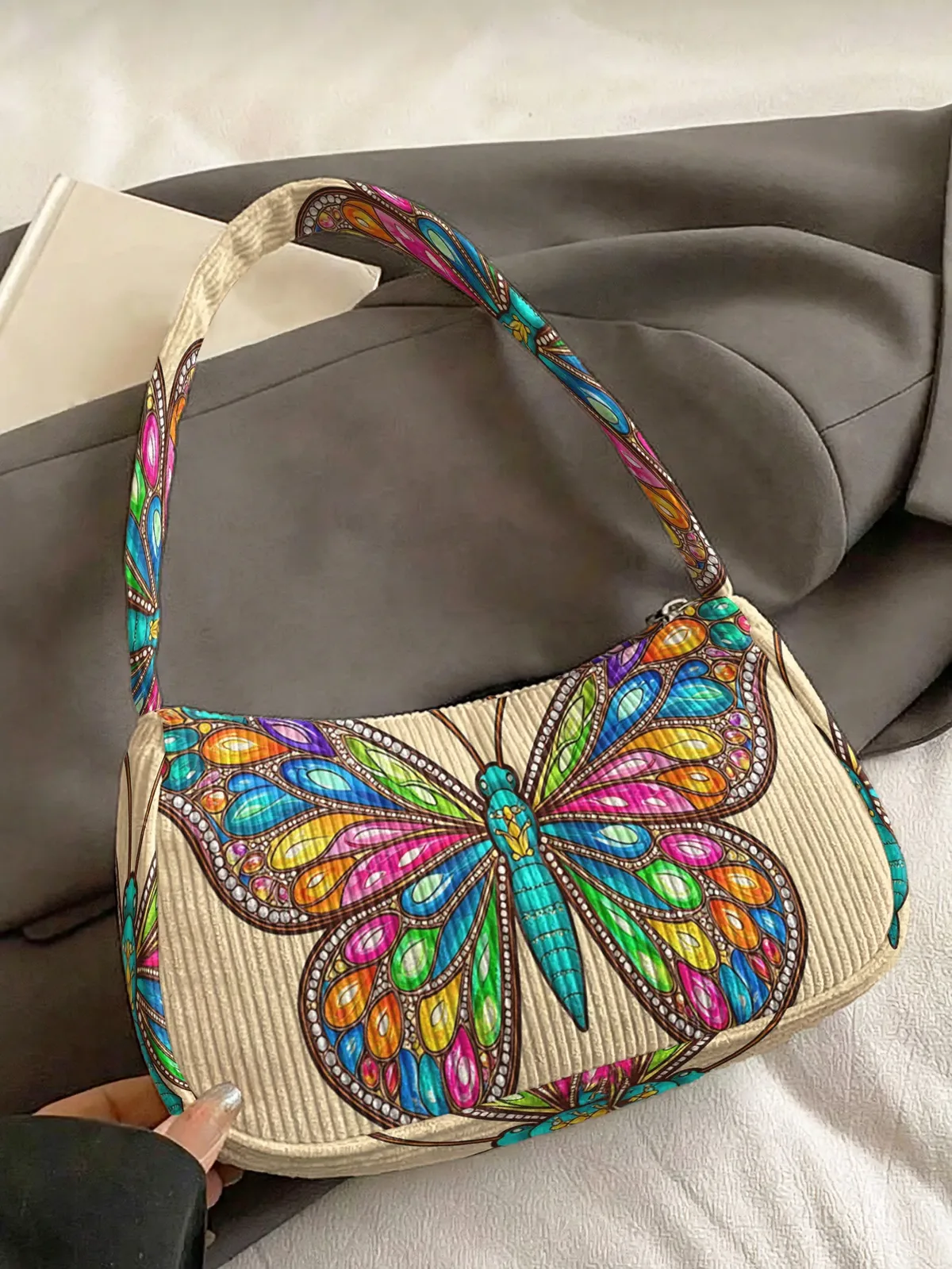 sac à bandoulière tendance à imprimé papillon coloré, sac sous le bras en velours côtelé beige pour un usage quotidien décontracté