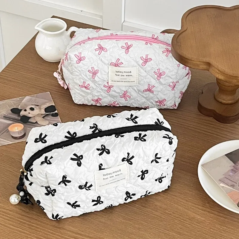 pochette carrée pour femmes, sac de maquillage, portable, mignon, pochette de rangement de cosmétiques et de toilette, sac à main imprimé avec nœud, sac à fermeture éclair