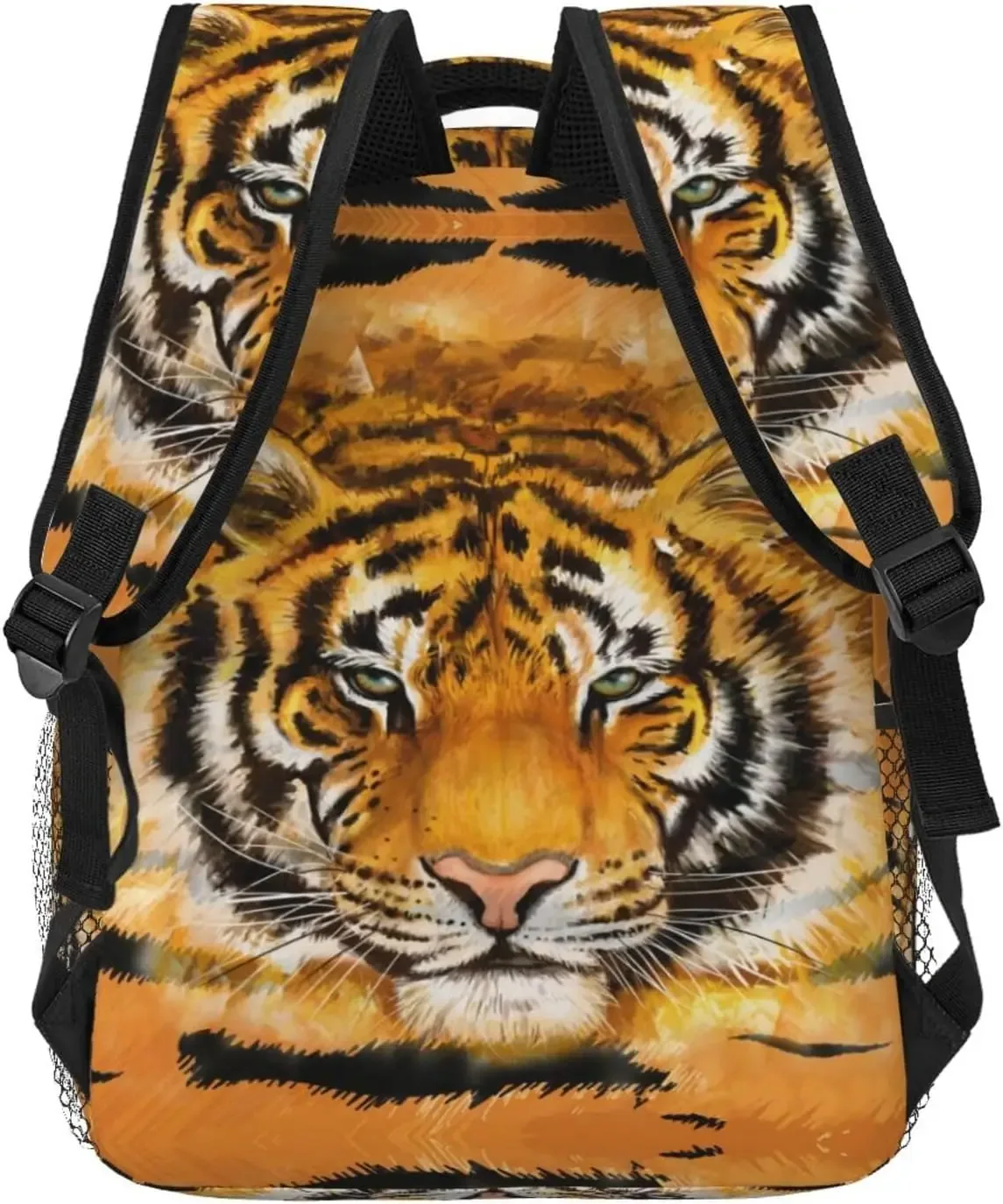 sac dos polyester imprimé tigre rayures noires orange fond beige poches latérales zip grande ouverture bandouliere chaîne usage voyage école randonnée camping