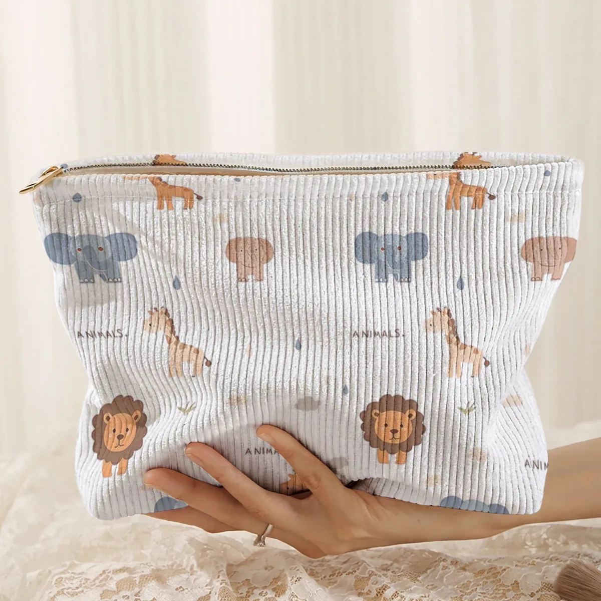 1. trousse de maquillage en velours côtelé à motifs animaliers, boîte de rangement légère à fermeture éclair, sac multifonctionnel avec doublure