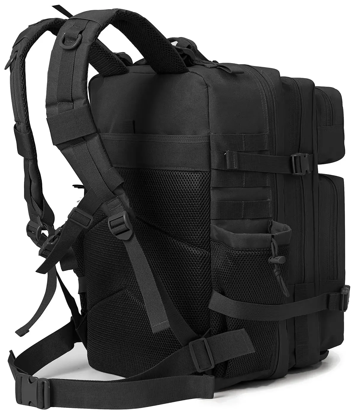 sac dos polyester noir motif bandes verticales poches ouvertes poche intérieure zippée bandoulière arquée escalade camping randonnée