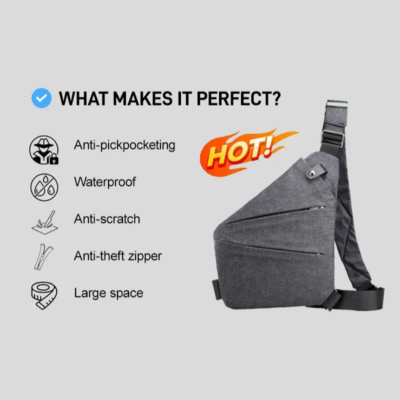 sac de poitrine antivol unisexe – sangles réglables, pochette de rangement polyvalente, portefeuille de voyage sécurisé