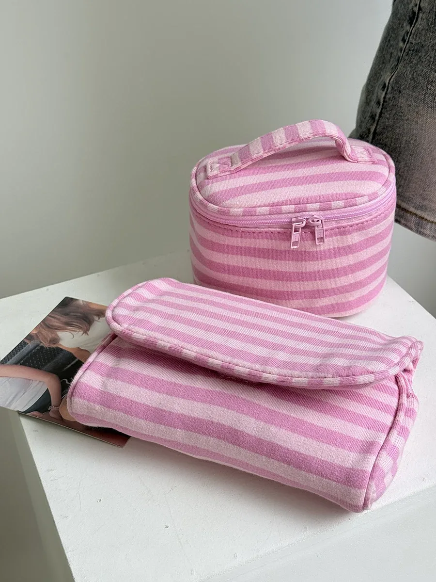 nouvelle trousse de maquillage rose rayée mignonne pour femme y2k, sac à main portable avec miroir et fermeture éclair, pochette de toilette en coton doux, organisateur de voyage cosmétique