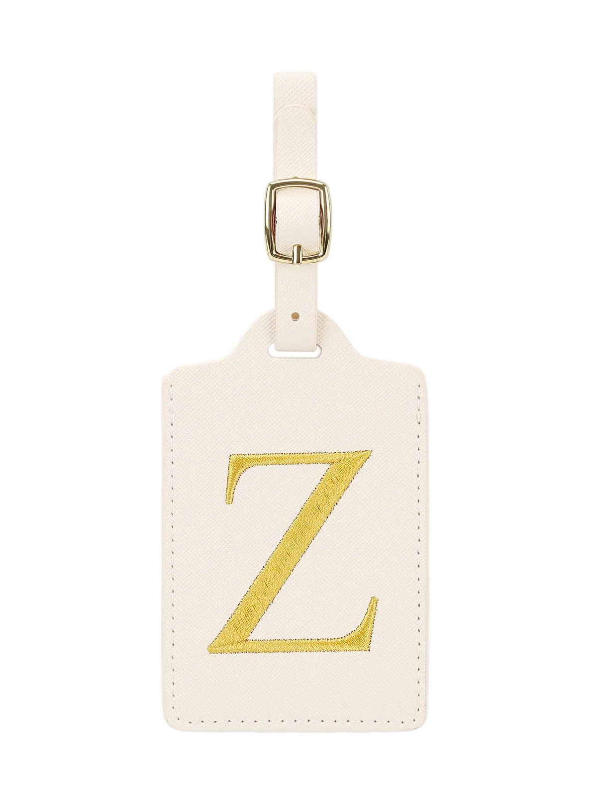 étiquette bagage polyester lettre dorée cuir blanc rectangulaire identification voyage unisexe alphabet fixation anneau métallique