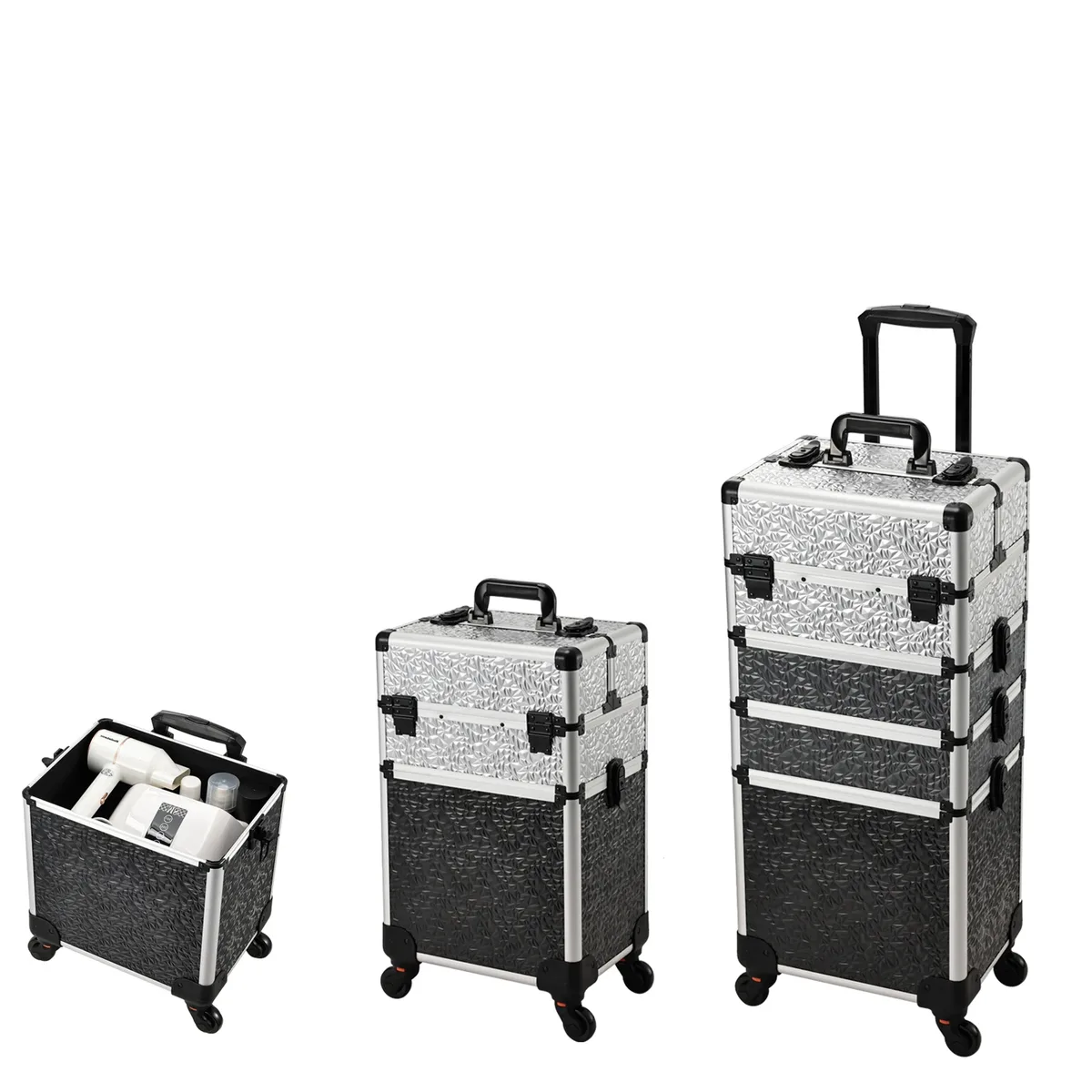 valise de cosmétologie rigide 4-en-1 en aluminium sur roulettes, grande capacité, avec 4 plateaux, chariot de maquillage roulant, valise de voyage pour tatouage, organisateur de vernis à ongles, boîte de rangement, valise de maquillage professionnelle de voyage avec clés