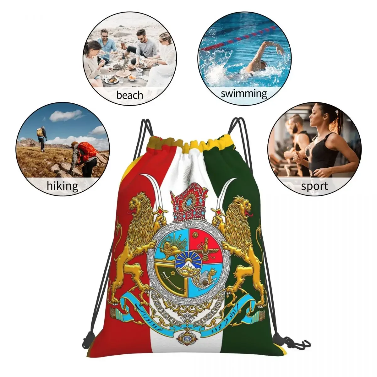 sac à dos avec emblème du drapeau de l'iran, soleil et lion de perse, sacs à cordon de serrage à la mode, sacs de rangement, sacs à livres pour étudiants en voyage