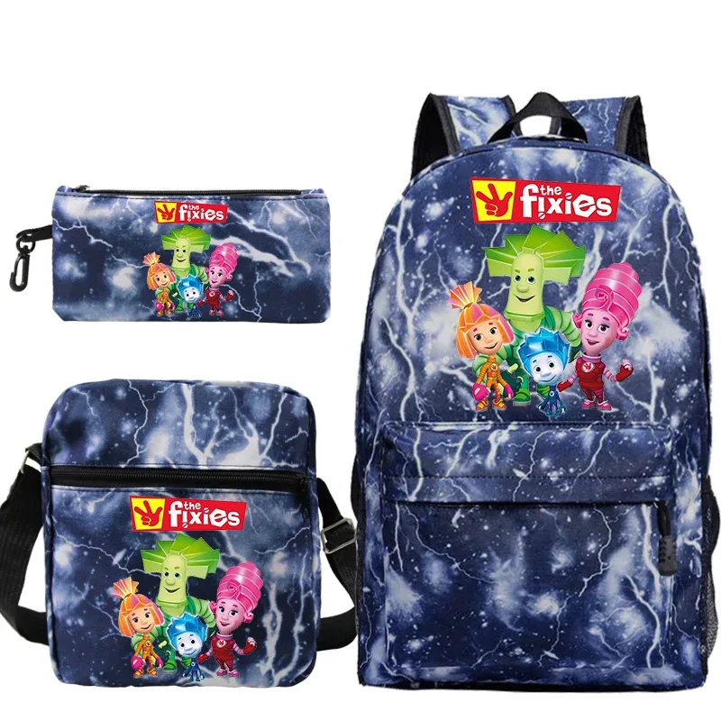 sac dos toile polyester imprimé personnages colorés the fixies unisexe décontracté compartiment intérieur bandoulière arquée fermeture éclair bleu noir gris voyage enfant