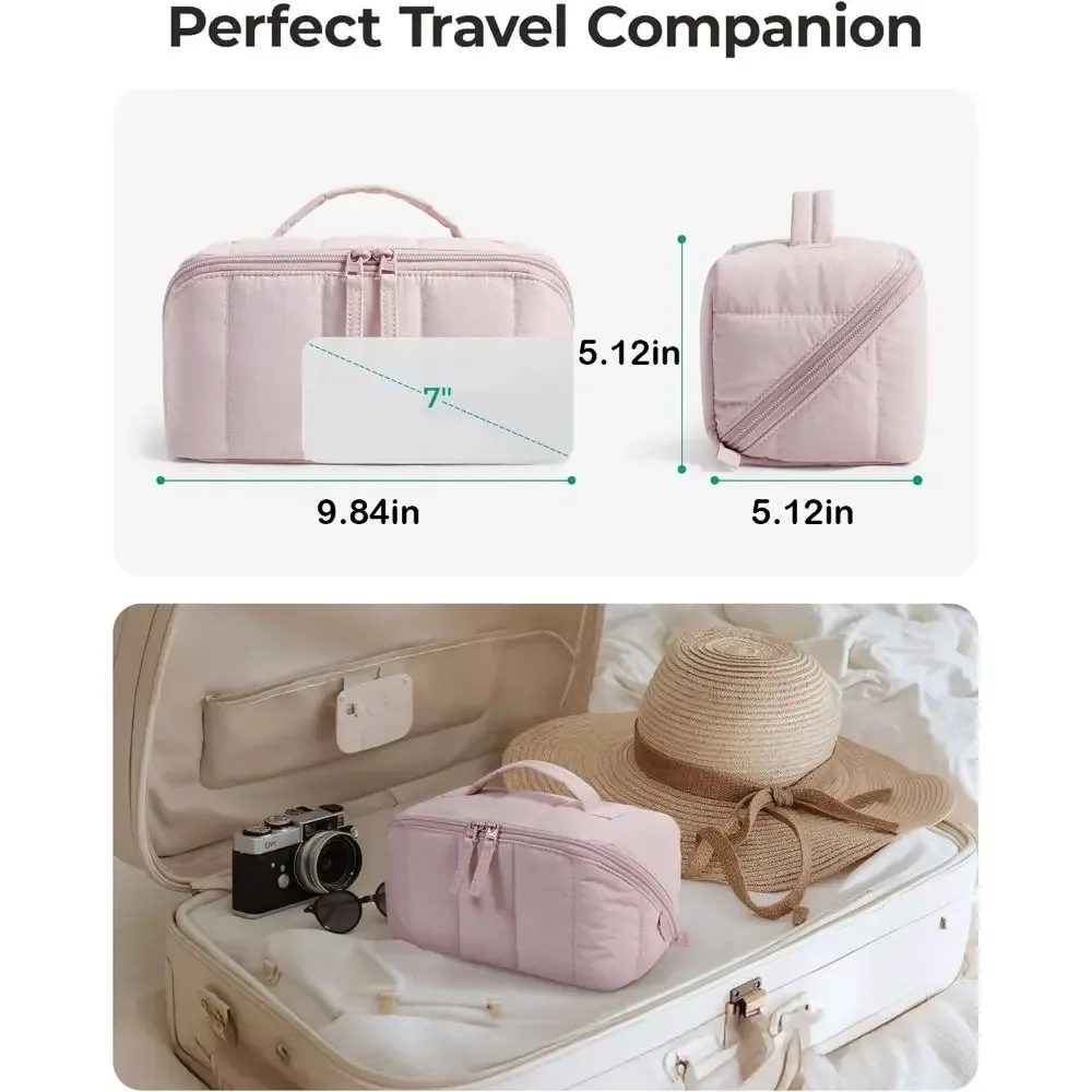 sac de maquillage portable de voyage, résistant à l'eau, rembourré, organisateur de maquillage, grande capacité, s'ouvre à plat, trousse de toilette pour femmes