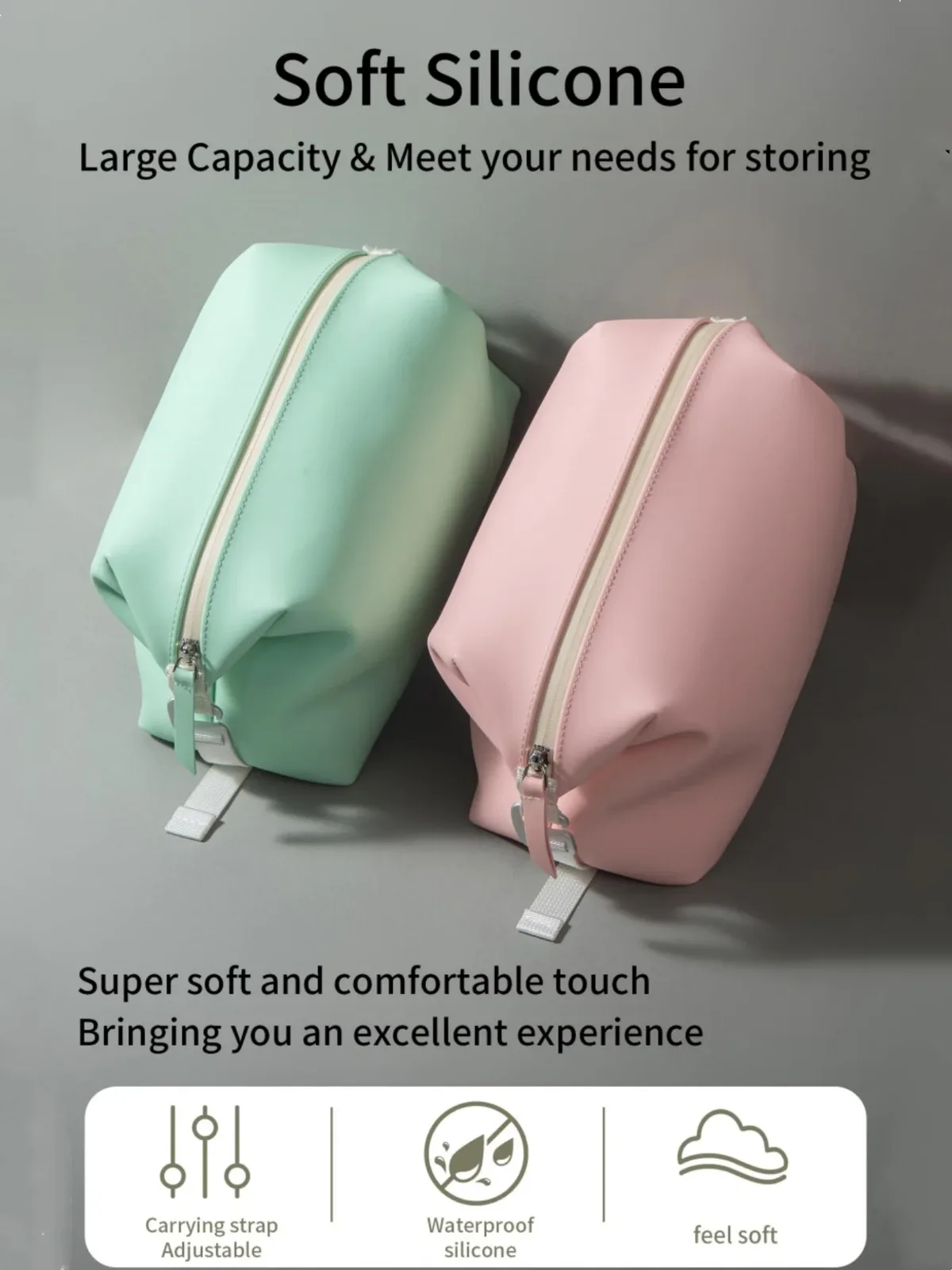 un sac de toilette et de maquillage de voyage en silicone, élégant, simple, uni et de haute qualité pour femmes, avec un crochet en métal, léger et facile à transporter, doté d'une texture lisse et de propriétés anti-froissement, un sac de bain multifonctionnel, idéal pour les voyages, les déplacements professionnels, les dortoirs étudiants, les cadeaux de saint-valentin pour petites amies, amies et personnes âgées, un article indispensable, un sac de maquillage pour femmes, un organisateur de salle de bain élégant, peut servir à ranger et organiser le maquillage, les produits de soins de la peau, les articles de toilette et les nécessités quotidiennes.