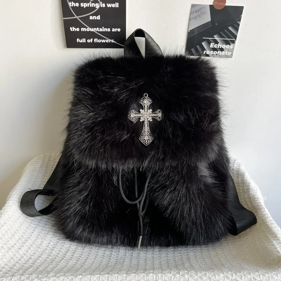 sac à dos en peluche noir y2k, design automne-hiver, sac à dos tendance pour filles, sacs à dos gothiques originaux
